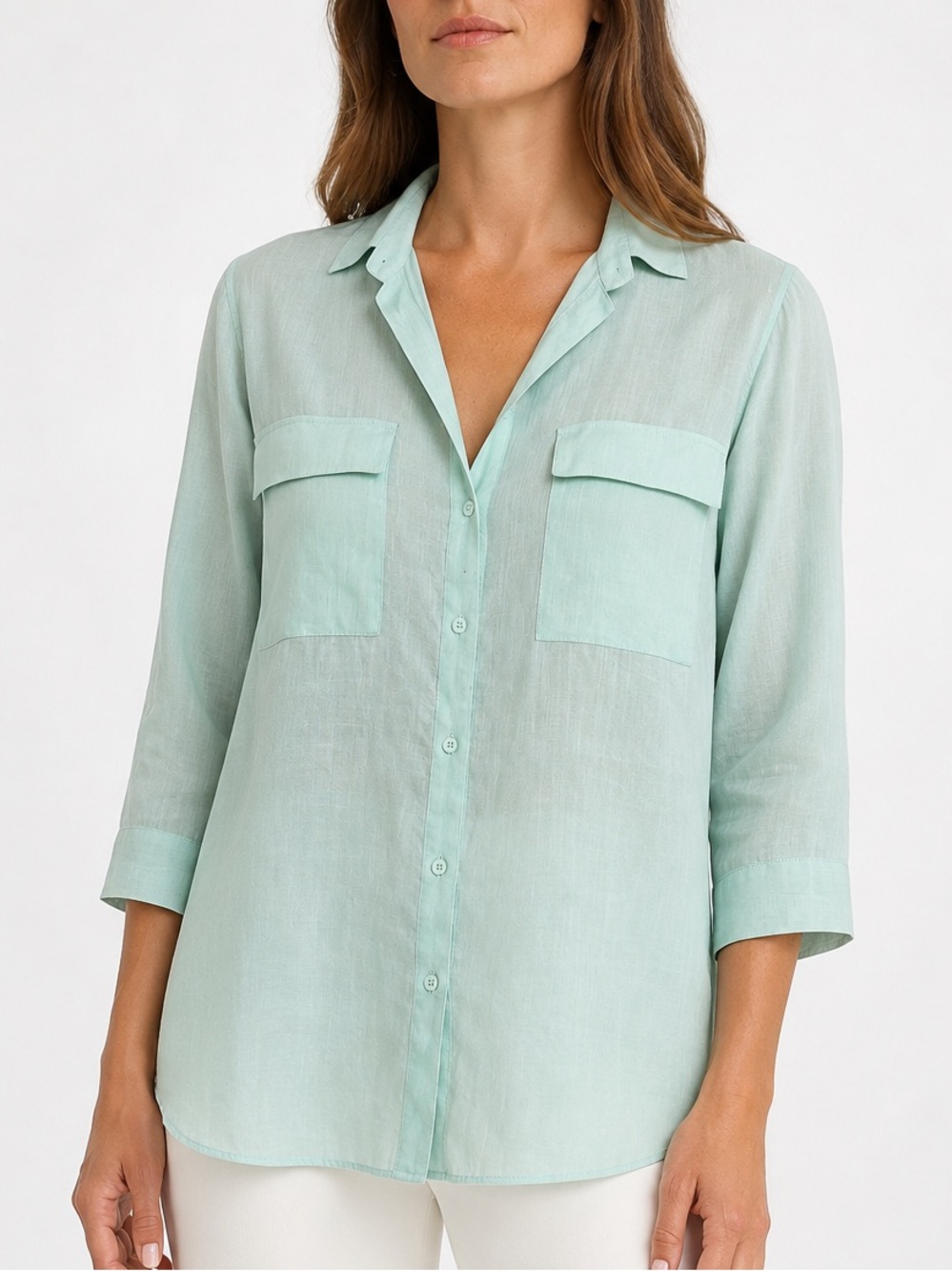 Lafayette 148 New York Pale Mint Button-Down Tunic Top Sheer 3/4 Sleeve XL